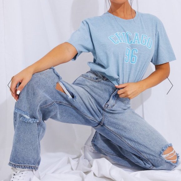 PrettyLittleThing Cotton Aqua Chicago '96 Graphic Elastic Hem Short Sleeve Tee - Picture 1 of 8